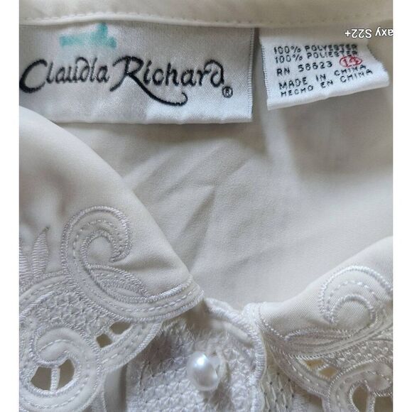 Claudia Richard cream short-sleeved dressy lacy embroidered blouse pearl button - Picture 4 of 6